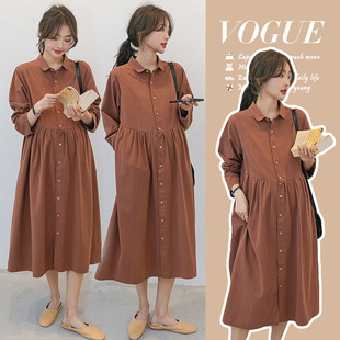 Maternity Over-the-knee Temperament Mid-length Cotton and Linen Long-sleeved dress Cotton Out-of-home Breastfeeding Shirt Dress in Spring and Autumn