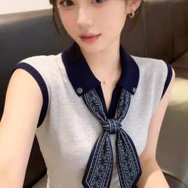 时尚撞色配丝巾设计感小众t恤女 新款外穿感气质无袖显瘦上衣