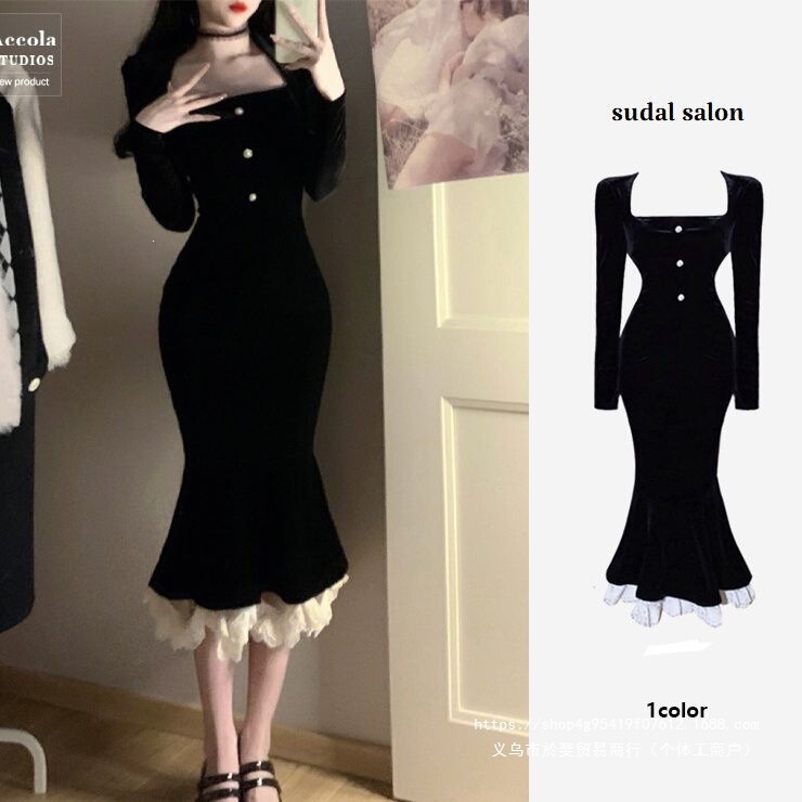 Hepburn-style vintage fishtail dress for women, autumn and winter, slim-fit, figure-flattering, long black retro velvet dress Hepburn-style vintage fishtail dress for women, autumn and winter, slim-fit, figure-flattering, long black retro velvet dress