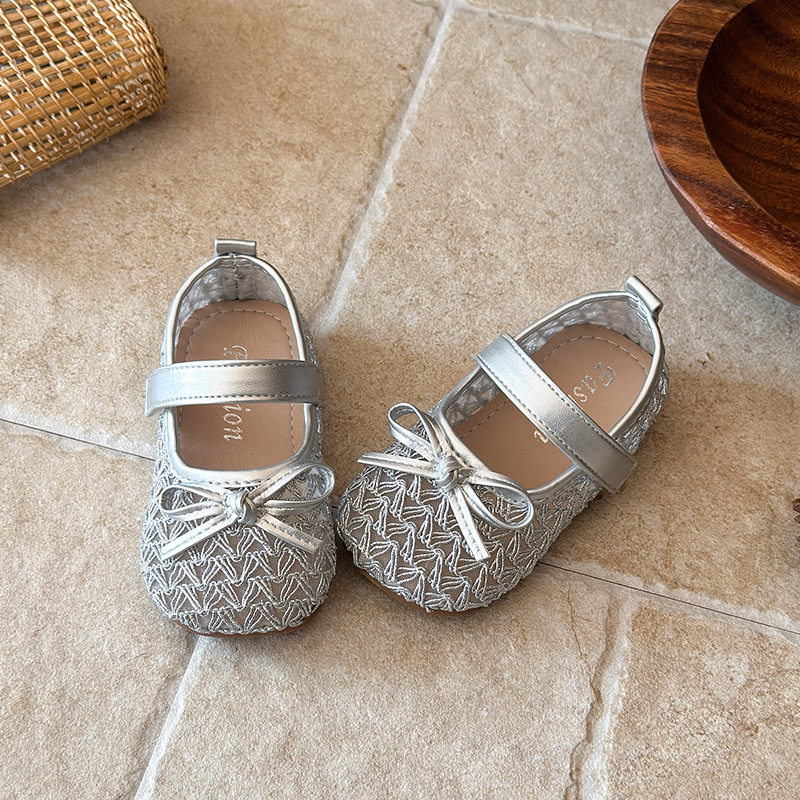 Mary Janes für Mädchen mit durchbrochenem Strickmuster, weicher Sohle, Schleifendekor, Ballerinas im Prinzessinnenstil mit Klettverschluss_voghion.com