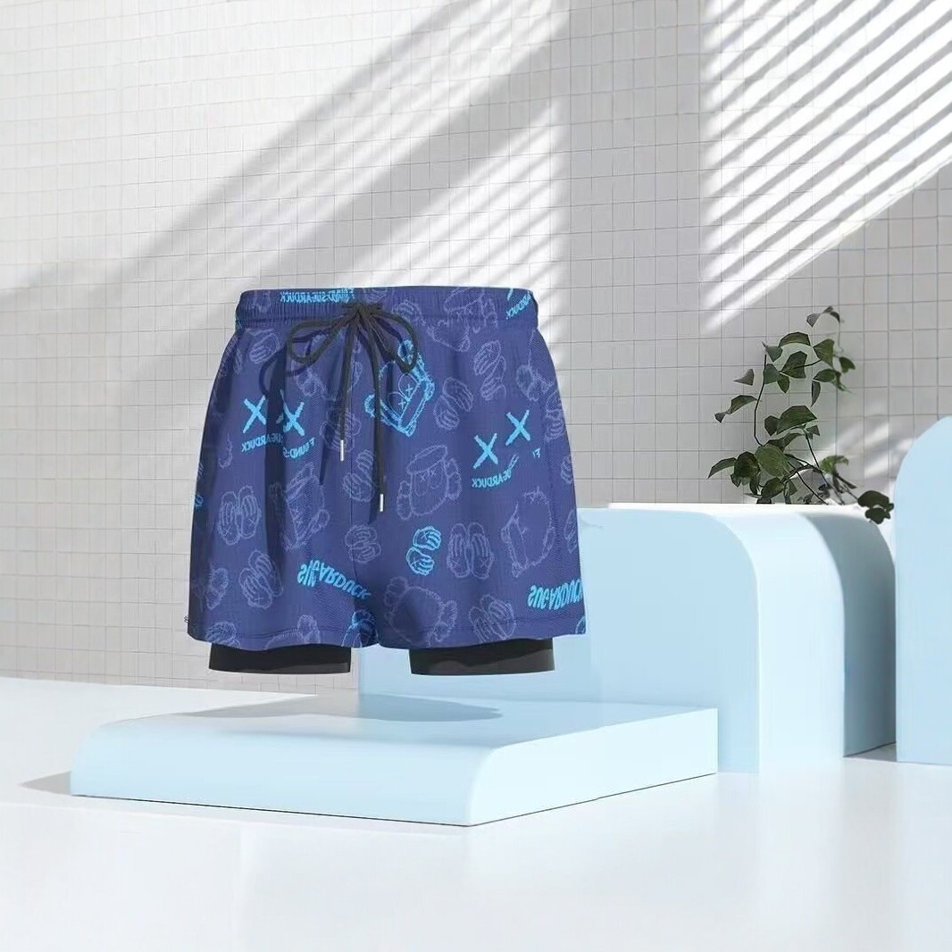 Men's Double-Layer Printed Swim Shorts, Quick-Dry, Anti-Embarrassment, Sports Beach Shorts, Summer Shorts