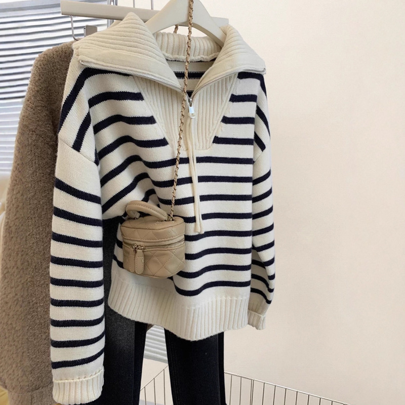 Factory Custom Striped Raccoon Velvet Navy Collar Half-Zip Knit Sweater for Women, Autumn and Winter Thick Lapel Top for Early Autumn Factory Custom Striped Raccoon Velvet Navy Collar Half-Zip Knit Sweater for Women, Autumn and Winter Thick Lapel Top for Early Autumn