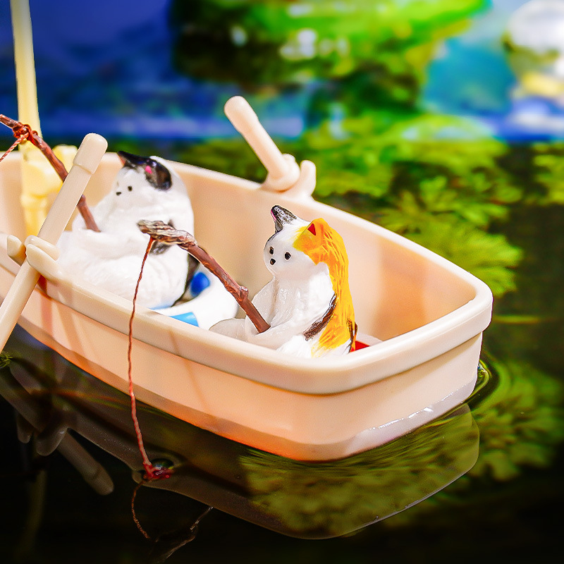 Decoración de paisajismo interesante, acuario, agua, anillo de natación, pesca, barco de pesca, modelo de paisajismo de acuario, barco de plástico flotante