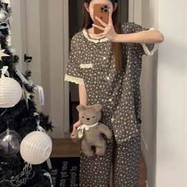 韩系复古碎花纯棉睡衣女夏短袖长裤蕾丝花边宽松可外穿家居服套装