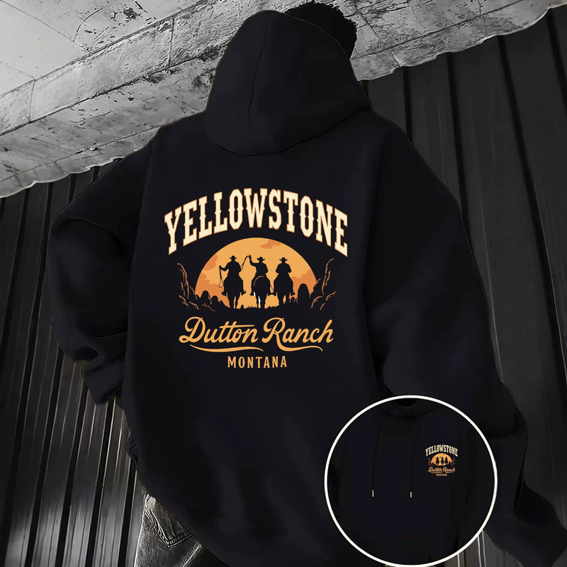 Yellowstone Ranch cowboy double-printed sweatshirt is loose-fitting, American retro western style pullover for men and women. Yellowstone Ranch cowboy double-printed sweatshirt is loose-fitting, American retro western style pullover for men and women.