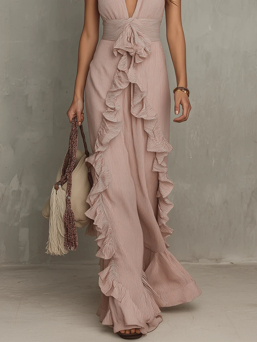 2026 European And American Independent Site Cross-Border Vacation Bohemian Striped Ruffe Backess Dress New_ecoleips.com