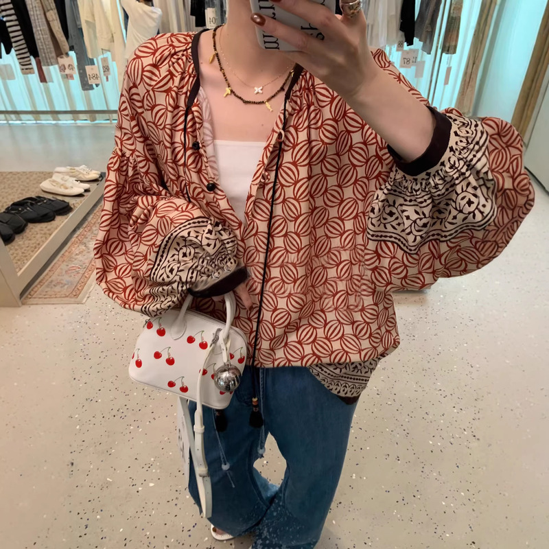 Od Designer Brand 26 Spring New Holiday Style Printed Tie-Up Shirt with Unique Design and Versatile Top for Women