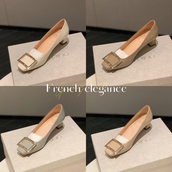 in stock Grape Mom Classic Square Buckle Small Square Head Shallow High Heels Women's Summer Thick Heel Flat Commuter Shoes