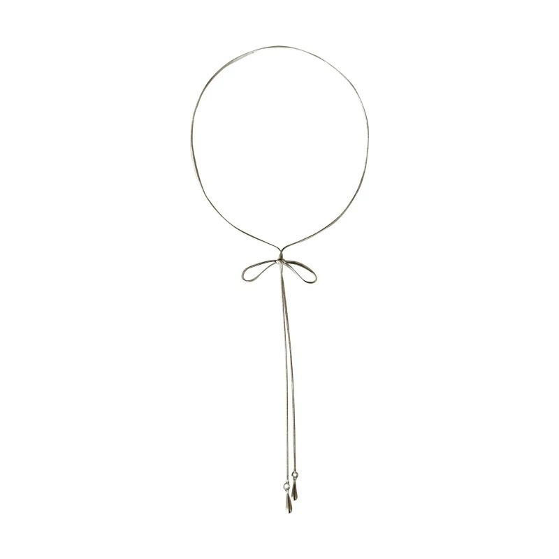 Bow Pendant Necklace Women's Korean Style Long Decorative Sweater Chain Silver Daily Versatile T-Shirt Accessories Wear