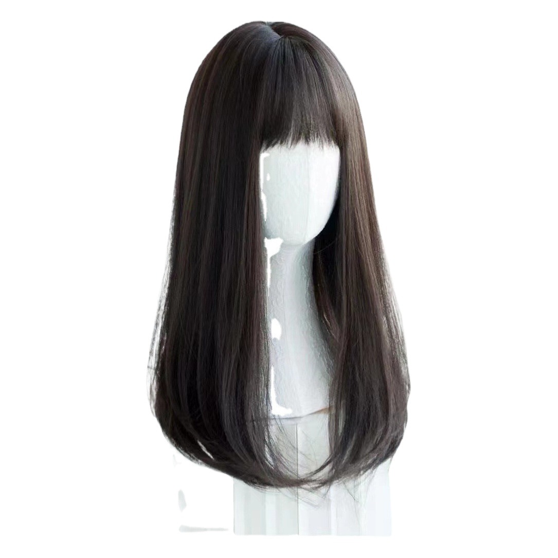 Wig for Women, Medium-Length Hair, Clavicle-Length Hair, Air Bangs, Natural Real Hair, Fluffy Short Hair, Round Face, Face-Shaping, Long Straight Hair