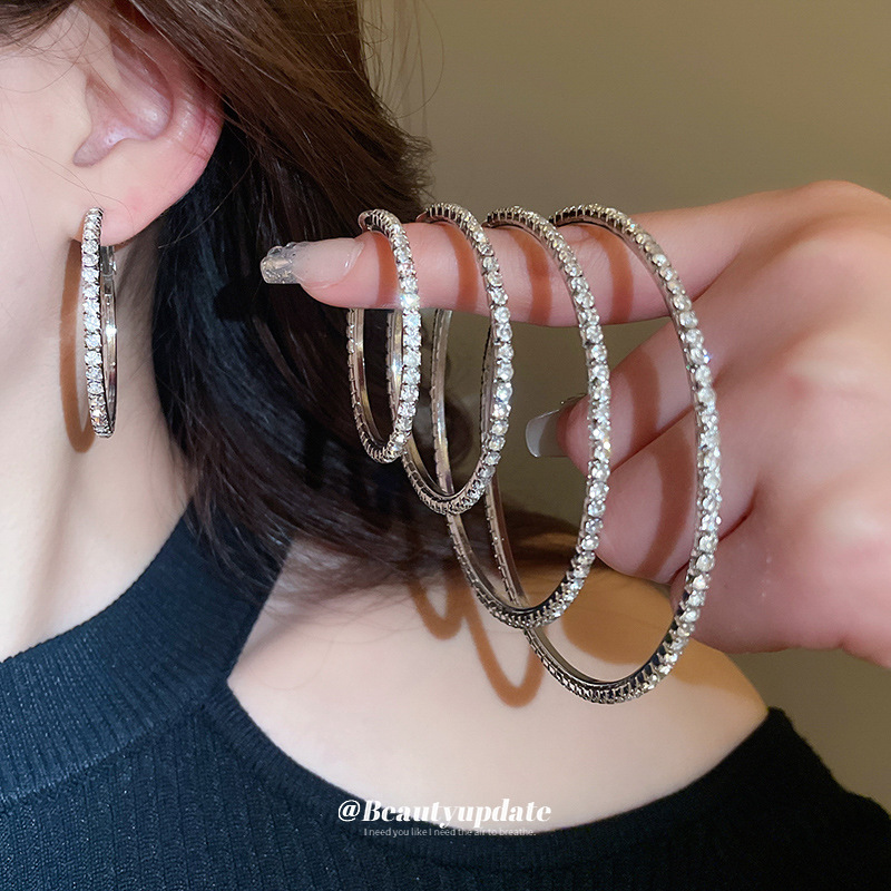 Aguja de plata viento frío, orejeras redondas con incrustaciones de diamantes, pendientes de diseño exagerado de nicho, pendientes de moda femenina, lujo ligero, sentido de alta gama