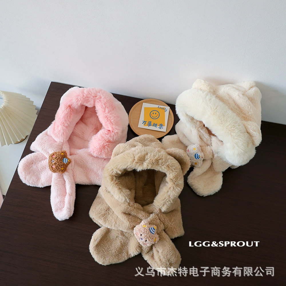 Demi-season cartoon children's hat, keep warm scarf, velvet cap for men and women, with little bears
