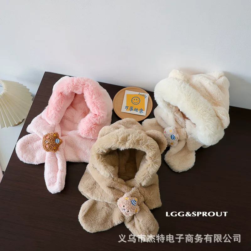 Demi-season cartoon children's hat, keep warm scarf, velvet cap for men and women, with little bears
