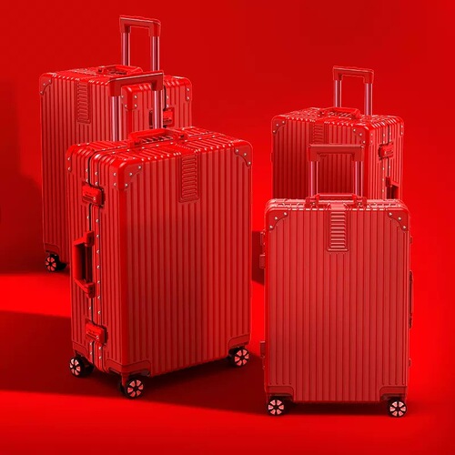 Red suitcase for brides, 24-inch pull-along luggage, wedding dowry box for newlyweds, travel lockable leather trunk