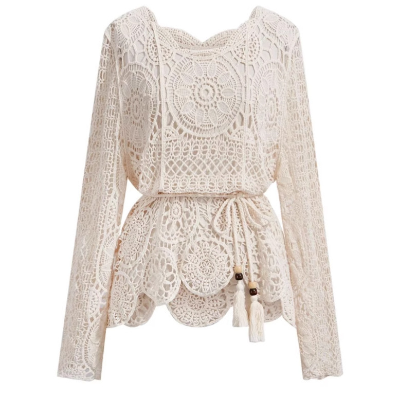 Pole-level Hollow Crochet Sweater Women's Summer 2025 New Long-sleeved Top Hollow-out Blouse All-match 393