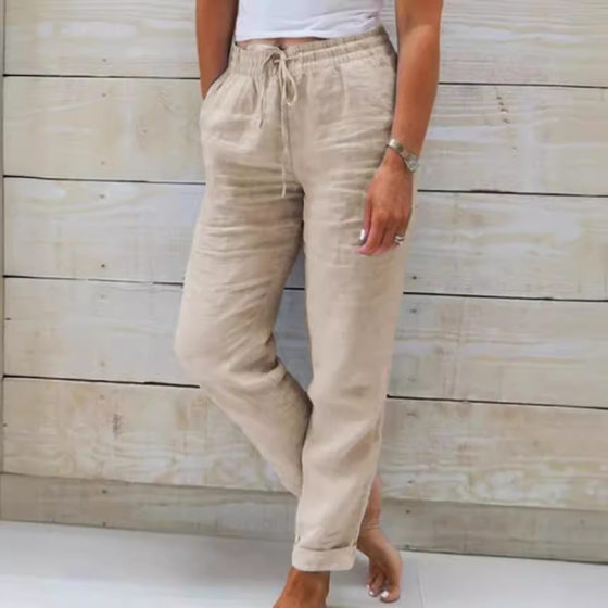 2024 cross-border independent station wish AliExpress summer elastic waist solid color cotton and linen wide leg pants loose trousers women's clothing