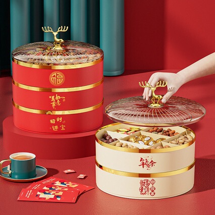 Red Housewarming Fruit Plate for Home Living Room Coffee Table Rotating New Year Candy Box Compartment Sealed Nut and Seed Box