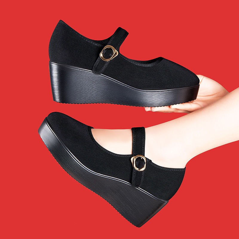 Zapatos de baile casuales de todo fósforo con plataforma de tacón de cuña zapatos de tela viejos de Beijing cómodos zapatos de madre de suela suave zapatos de trabajo planos
