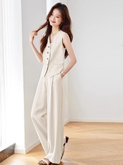 薄款仿亚麻天丝马甲背心阔腿裤套装女2025夏季新款西装裤上衣套装
