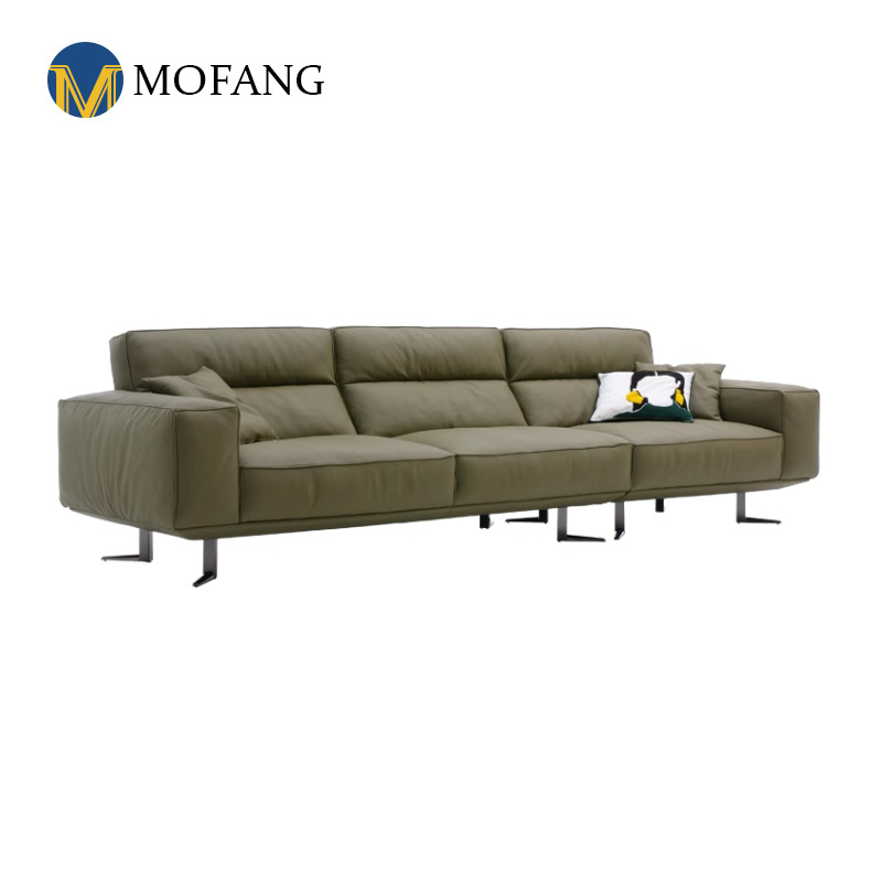 High-backed tofu block sofa Small apartment first-floor cowhide four-person guacocado green leather sofa High-foot model
