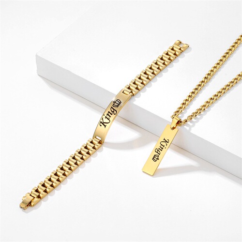 DIY men's titanium steel long necklace bracelet European and American personalized fashion men's stainless steel jewelry set can be engraved