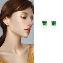 韩系祖母绿耳钉简约时尚耳环女养耳洞睡觉不用摘法式小巧方钻耳饰
