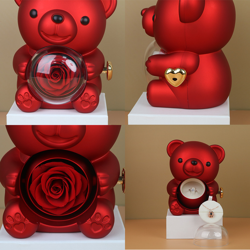 Ventas calientes abrazar oso flip sorpresa caja de joyería rosa oso jabon flor caja de regalo de día de San Valentín