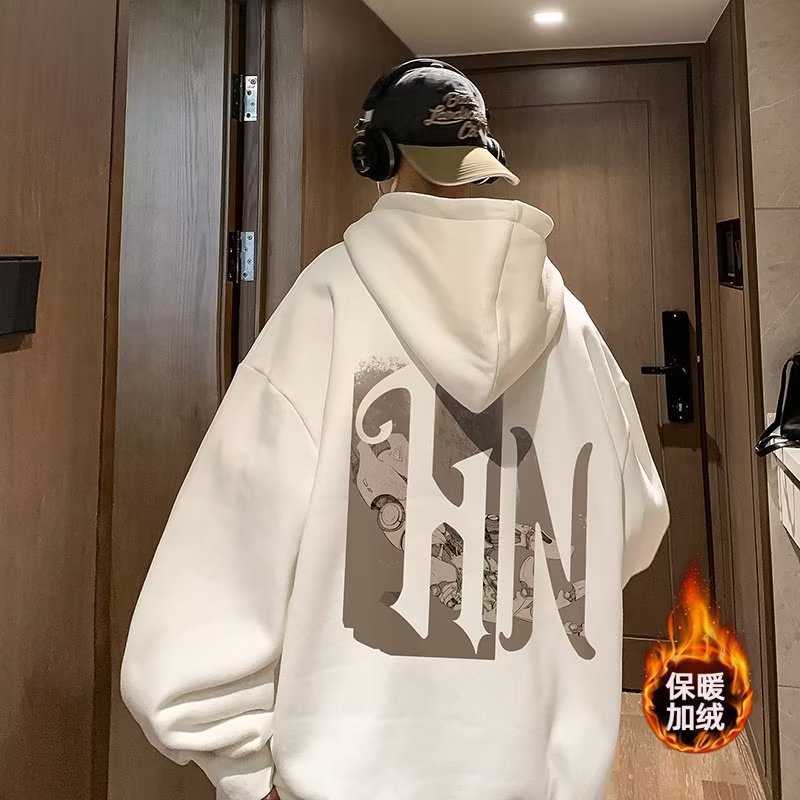 Marca de moda japonesa fleece-forrado suéter con capucha de los hombres de otoño e invierno más el tamaño de moda de grasa suelta estilo perezoso chaqueta deportiva