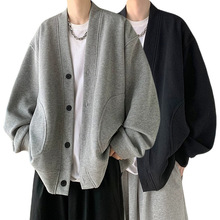 跨境爆款欧码大码开衫外套卫衣男大V领外搭华夫格港风潮工厂批发