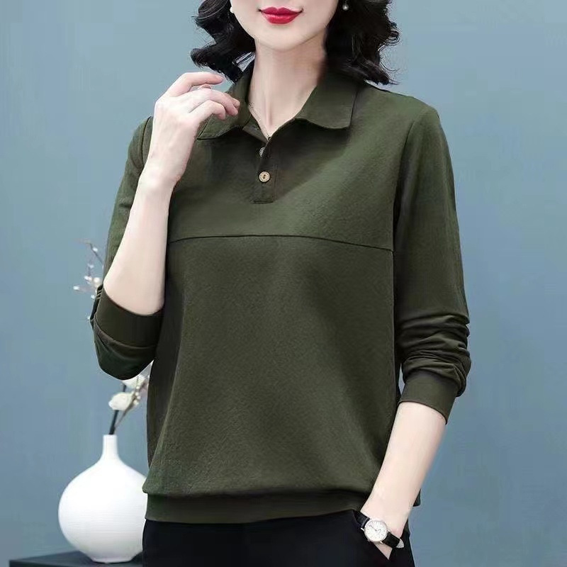 2025POLO collar t-shirt women's spring and autumn loose slim plus size Korean version of Joker mother solid color stitching jacket wholesale