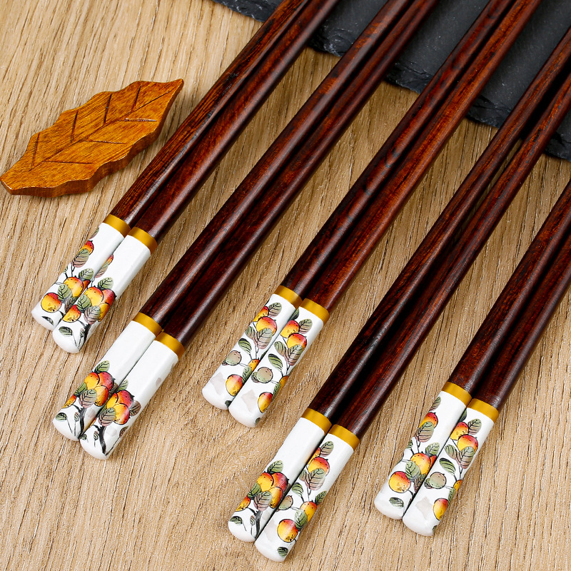 National Chaozhou Home Palillos de madera maciza, todo lo mejor, impresión, antideslizante, no fácil de mohosos, palillos de 24cm, 10 pares de cajas de regalo al por mayor