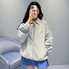 外贸跨境原标MIU缪家网红款刺绣徽标条纹薄条纹牛仔夹克外套男女