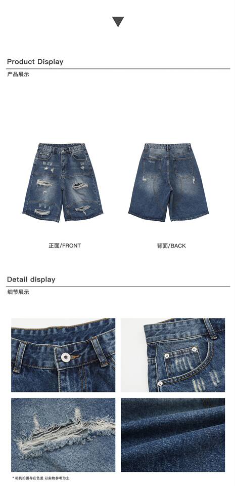 Quần short jean nam dáng rộng phong cách retro, rách giặt mài, lửng ống đứng — Màu xanh dương chi tiết 4