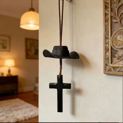 Cowboy Hat Car Pendant Foreign Trade New Product Love Heart Cross Fashion Car Interior Accessories Car Supplies (Car hanging) - black-cowboy-hat-black-cross