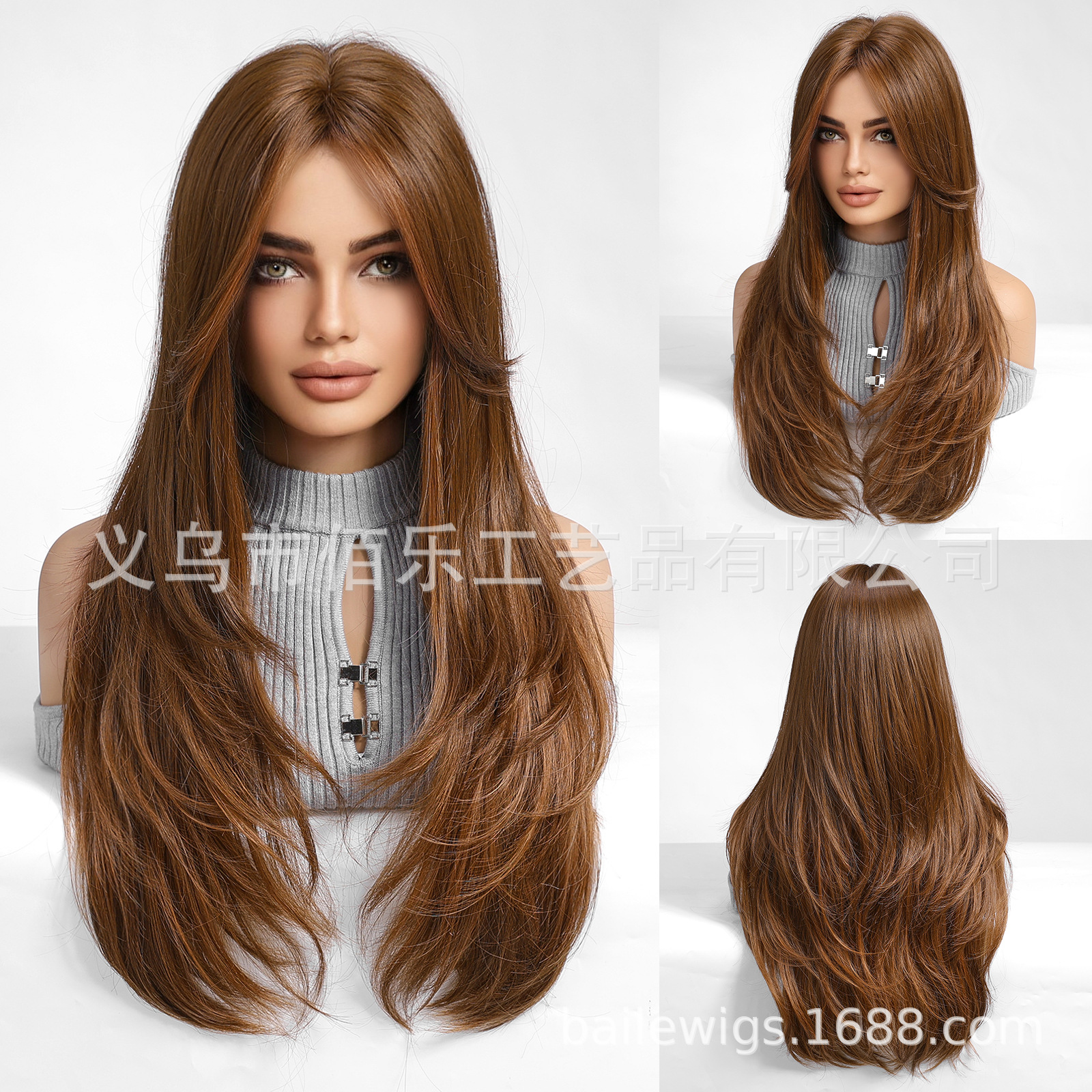 Peluca nueva de color marrón claro, corte medio, capa natural, cabello largo y rizado, casco completo, fibra química europea y americana, moda femenina