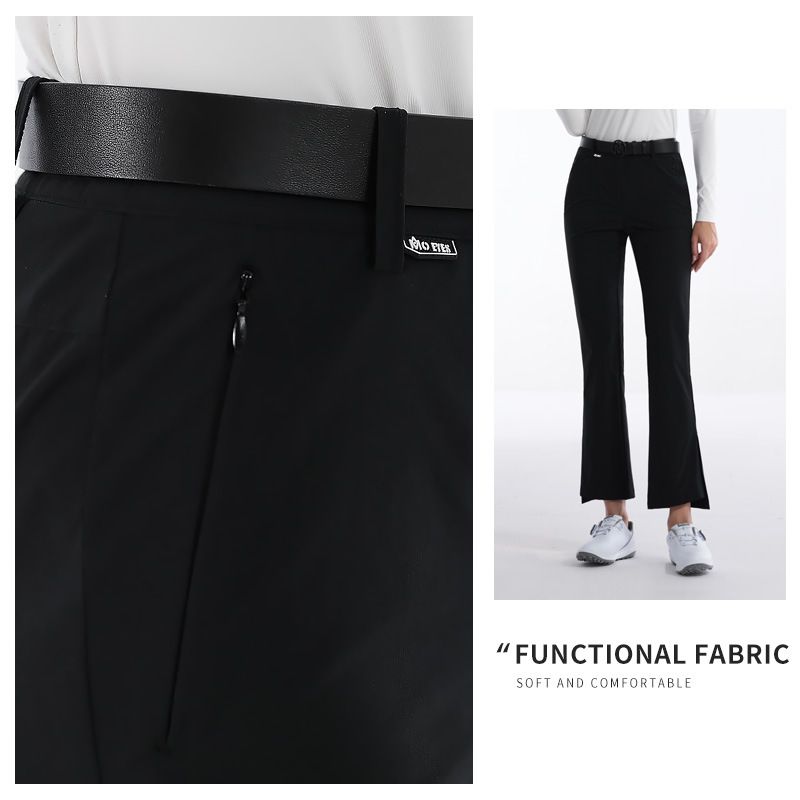 Quần golf nữ ống loe dài tôn dáng, túi khóa kéo vô hình, phong cách thu đông — M23YF018-Áo màu trắng, M23YF018-Áo màu đen, M23KUZ012-quần đen, M23KUZ012-Quần Trắng