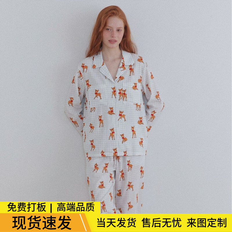 Deer print plaid pajamas for women, lapel cardigan, long-sleeve long-pants set, double-layer cotton gauze home wear, in stock for wholesale