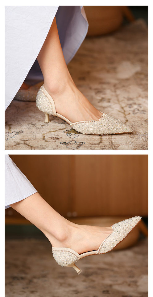 Giày cao gót nữ mũi nhọn đính đá pha lê, gót vừa 3–6 cm, miệng nông khoét lỗ — Màu hồng, Màu mơ chi tiết 8