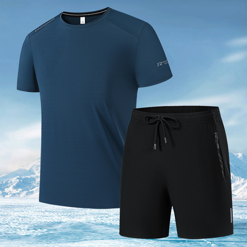 Ice Silk Sports Suit for Men, Summer Thin Breathable Quick-Drying Short-Sleeved T-Shirt, Loose Running Fitness Shorts Two-Piece Set