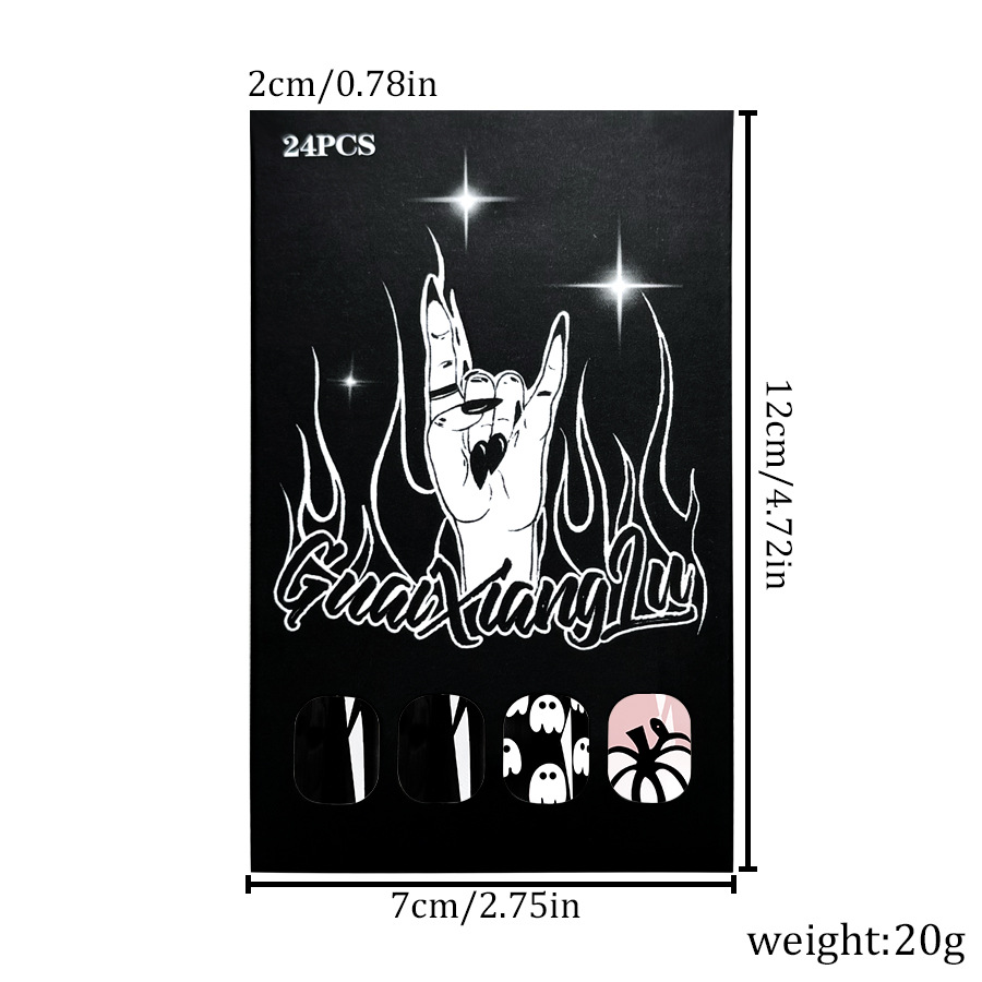Corto luminoso viso quadrato armatura Halloween teschio zucca nero brillante usura nail art patch 2024 nuovo commercio estero 24 pezzi_voghion.com