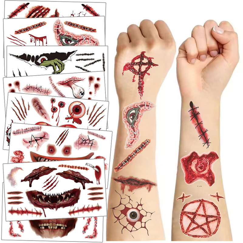 Cross-border New Halloween Tattoo Sticker High Sense Realistic Horror Fake Scar Scar Temporary Tattoo Sticker for Men and Women
