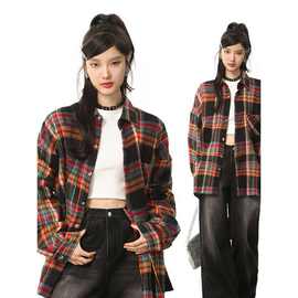 格子衬衫女复古港味新款2025年春秋长袖中长款宽松设计感长袖衬衣