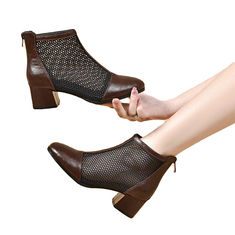Sandal bít mũi gót cao vừa phong cách La Mã đế dày lưới da thật cho nữ — Màu đen Cashmere