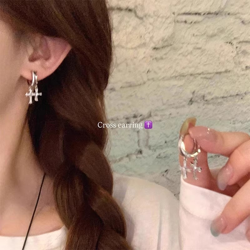 超闪锆石双十字架耳圈耳环女轻奢高级感气质耳钉耳扣独特设计耳饰|undefined