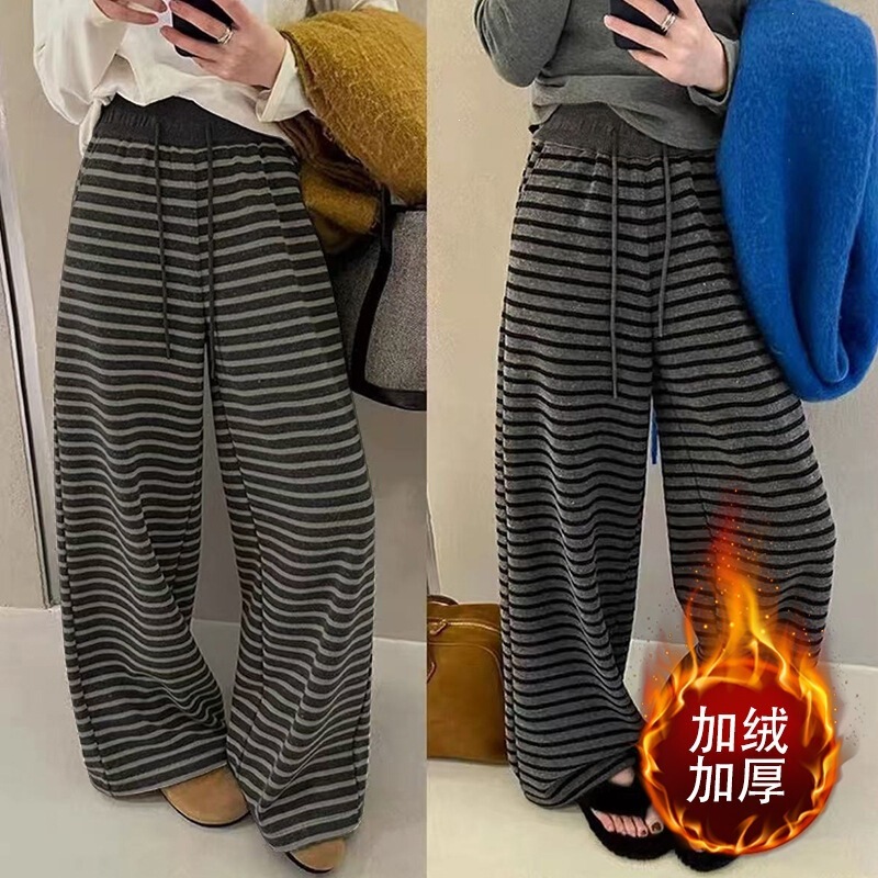 New autumn and winter collection: fleece-lined, thick, striped, color-blocked wide-leg pants for women, featuring a high waist, slimming effect, casual style, versatile design, drawstring, and warmth