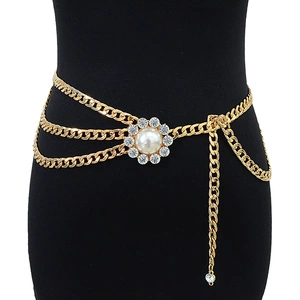 Fashionable Women's Waist Chain with Water Diamond, Pearl Buckle, and Metal Chain for Women of All Ages