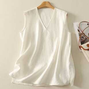White V Neck Cotton and Linen Sleeveless Vest Women's Summer Thin Loose Outer Wear Top