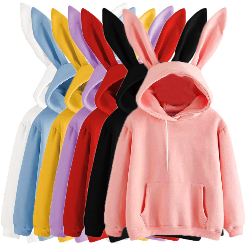 New Women's Clothing Harajuku Wei Hooded Rabbit Sweat Solid Color Loose Casual Women's Top for Autumn and Winter 2024
