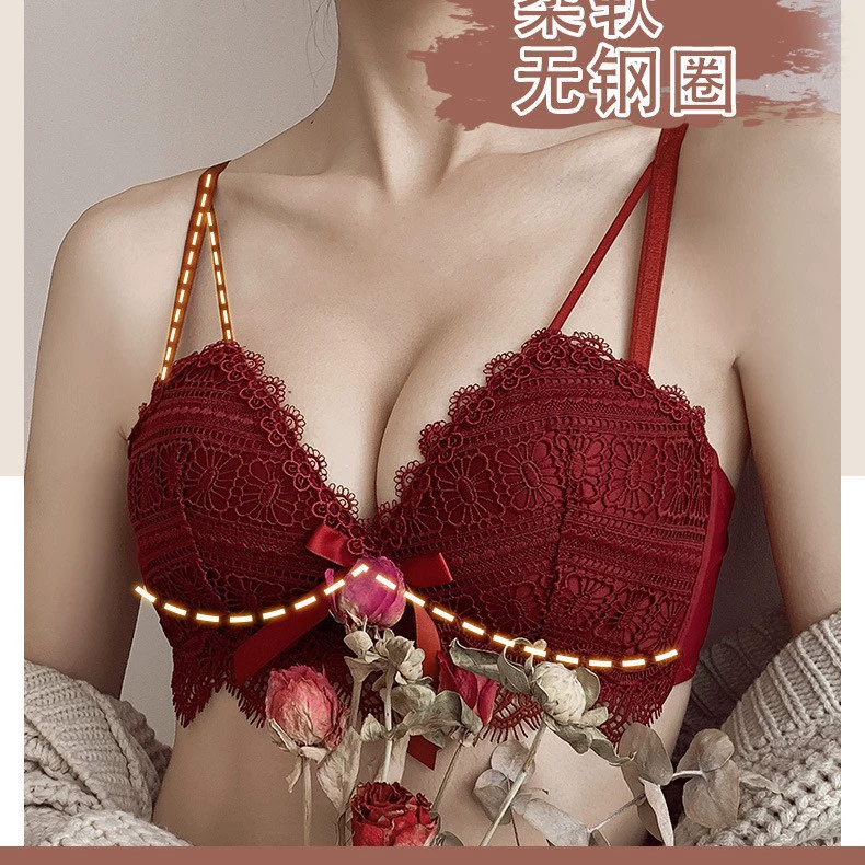 Sexy underwear with bow, red push up bra, thin wireless bra, set