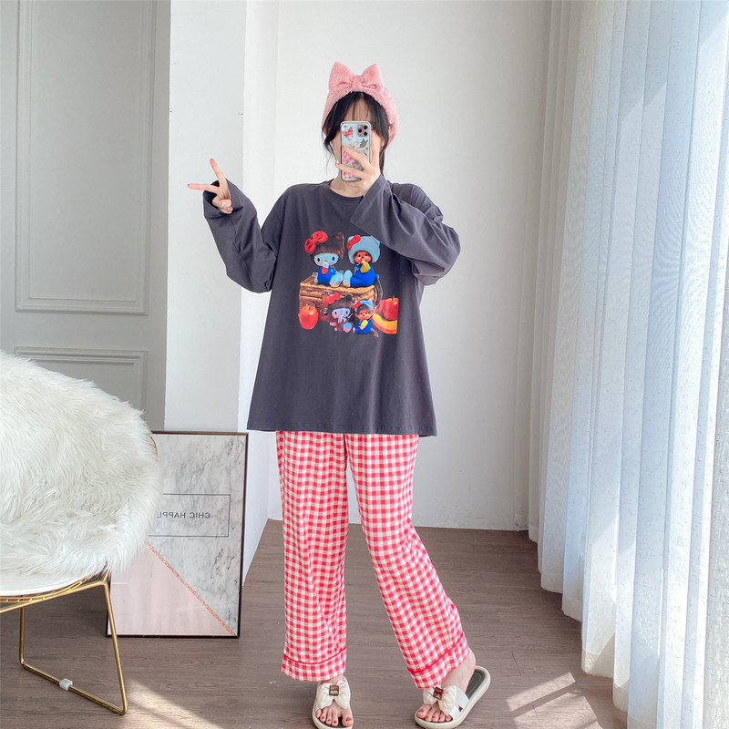 Japanese-Style Fresh Long-Sleeve Pajamas for Women with Cute Cat Print Loungewear Plus Size 100kg Plaid Pants Set Japanese-Style Fresh Long-Sleeve Pajamas for Women with Cute Cat Print Loungewear Plus Size 100kg Plaid Pants Set